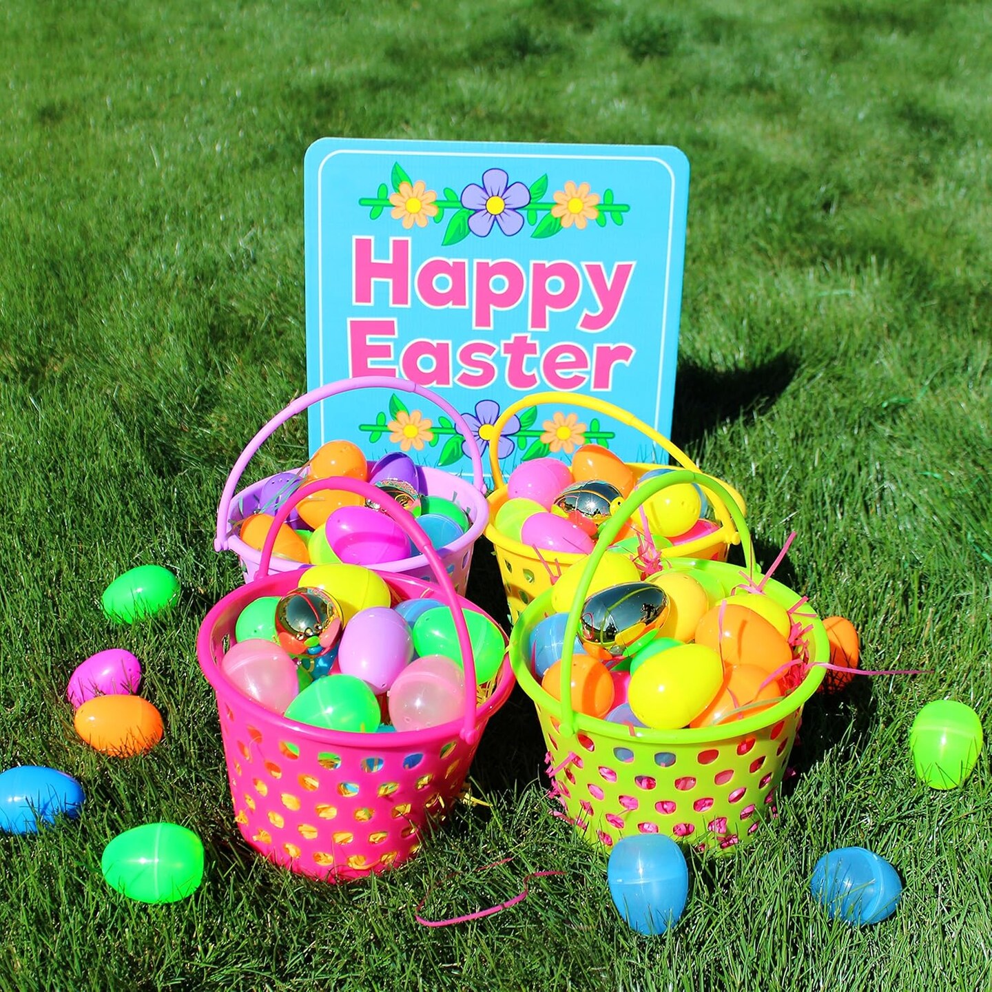 6 Pieces 8" Easter Egg Baskets with Handle and 55 g Tricolors Grass for Garden Party Favors, Easter Eggs Hunt, Goodies Goody, Basket Fillers Stuffers Toy