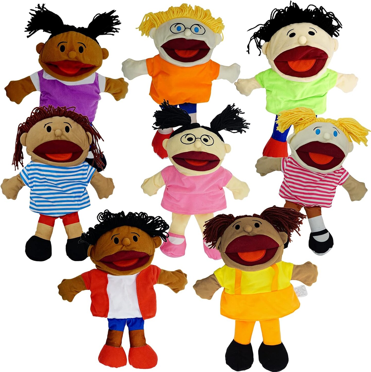4E&#x2019;s Novelty 8 Pack Multicultural Hand Puppets for Kids with Movable Mouth&#x2014;Soft Plush for Puppet Show Theater