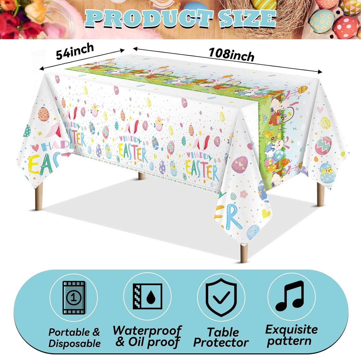 3 Pcs Easter Tablecloth 54 x 108 Inch Spring Easter Table Cover Disposable Plastic Tablecloths Rectangle Table Cloth for Indoor Outdoor Birthday Baby Shower Party Supplies(Bunny, Egg)