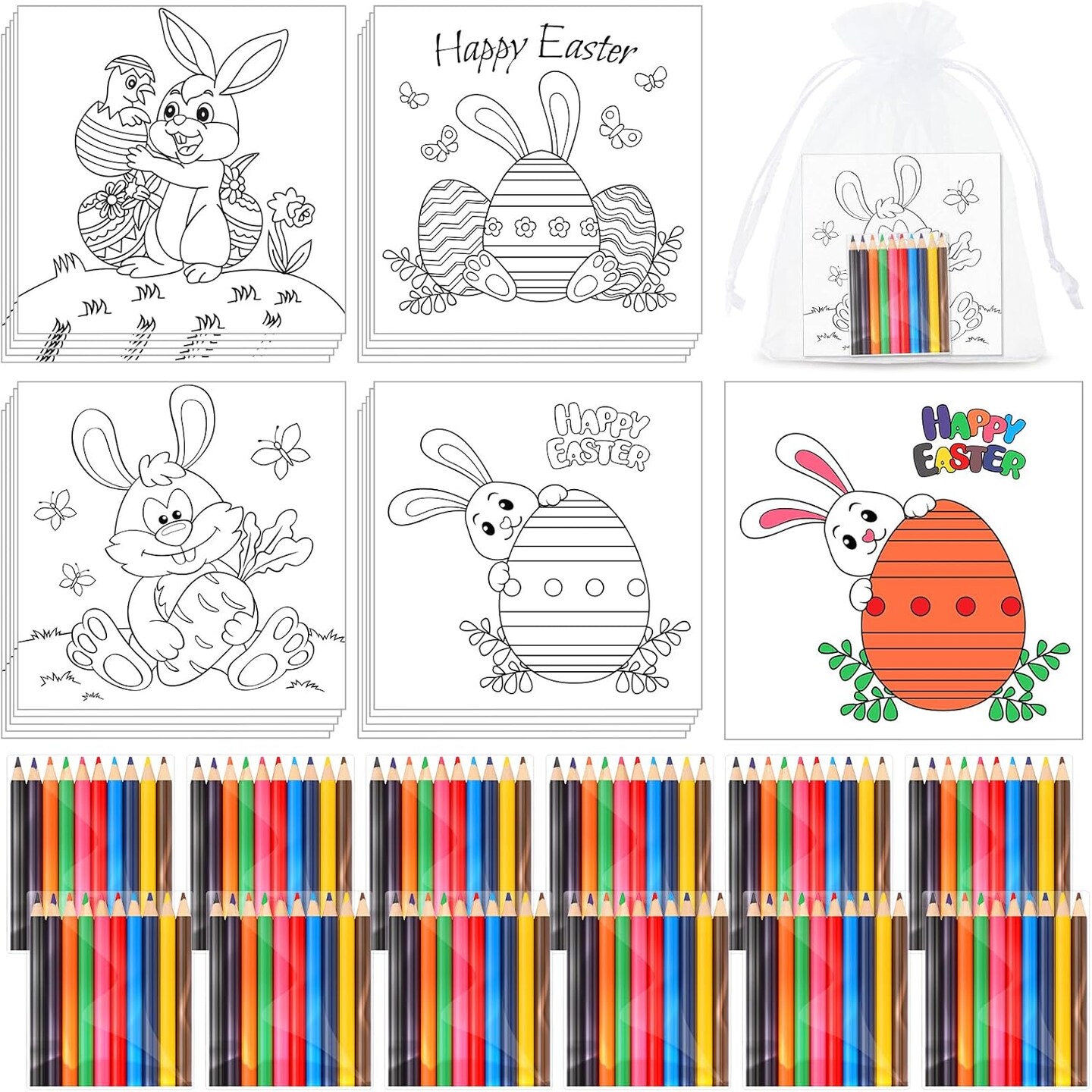 20 Sets Easter Activity for Kids 20 Pcs Easter Coloring Page with 20 Pack Coloring Pencils and Organza Bags