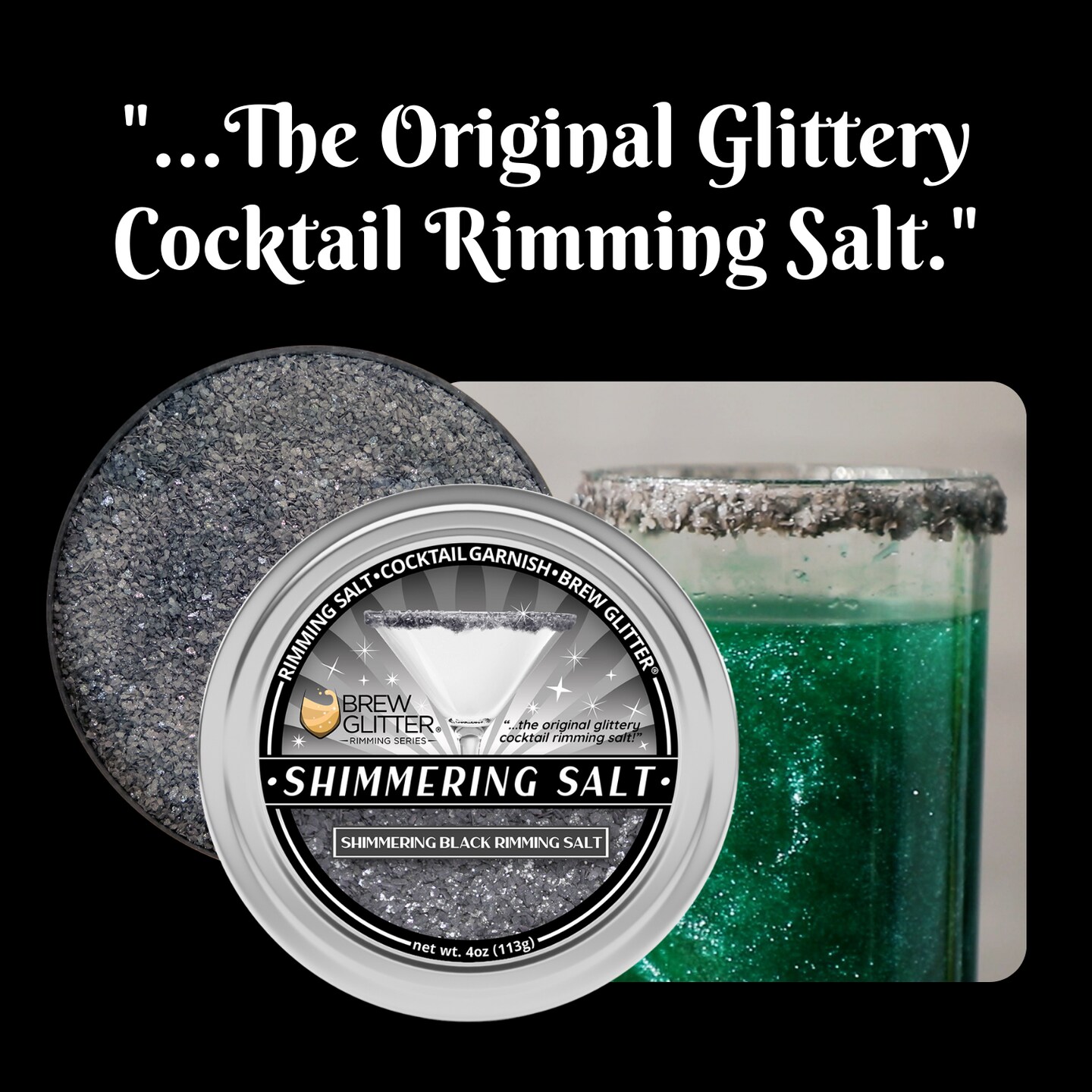 Brew Glitter - Shimmering Black Rimming Salt (4oz, 1x Bar Tin) Edible Glitter Blended Cocktail Garnish for Mixed Drinks and Beverages