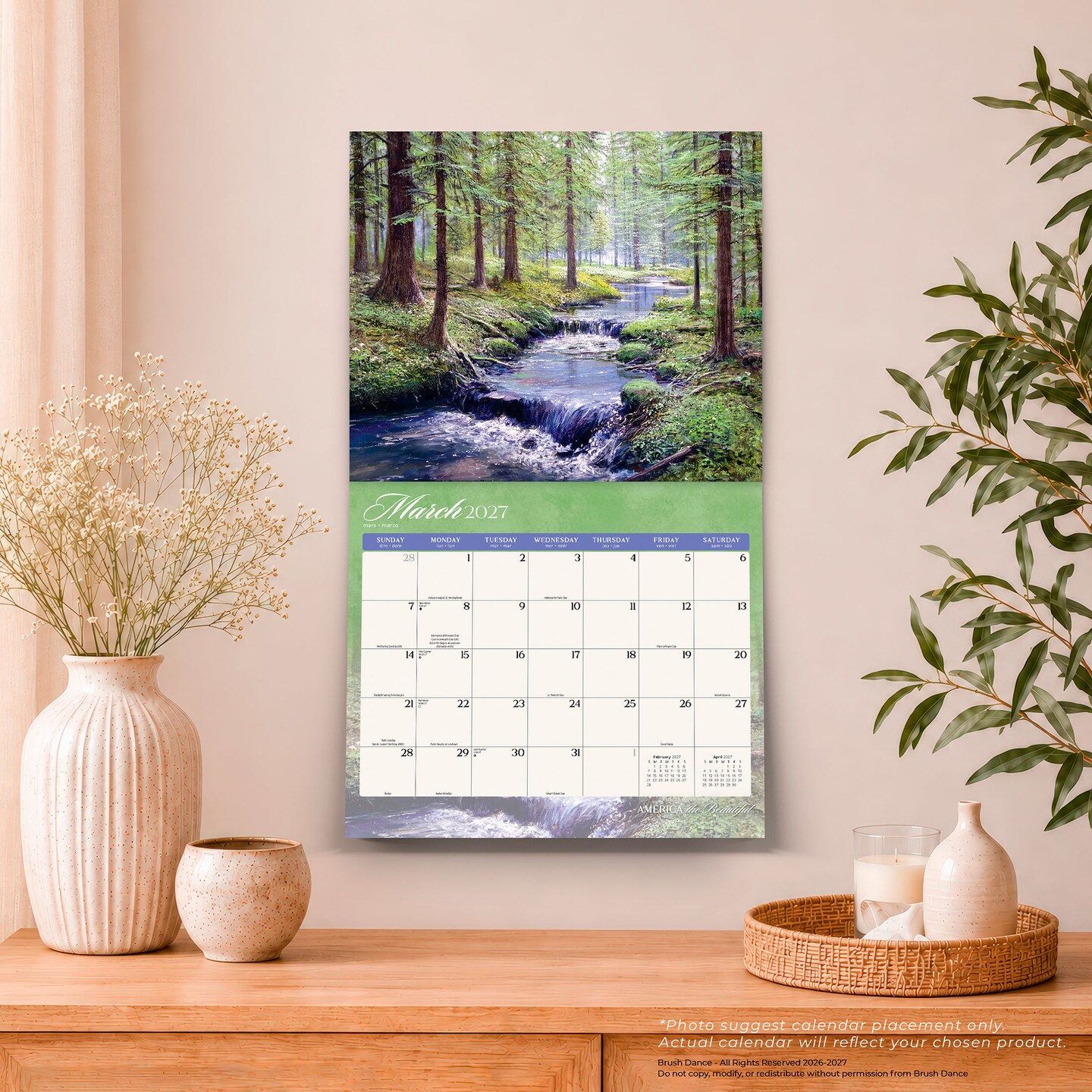 Brush Dance; America the Beautiful | 2027 13.75 x 24 Inch (Hanging) Monthly Deluxe Wall Calendar | Featuring the Artwork of Peter Ellenshaw | Linen Envelope; Category:Wall Calendars; Image:7