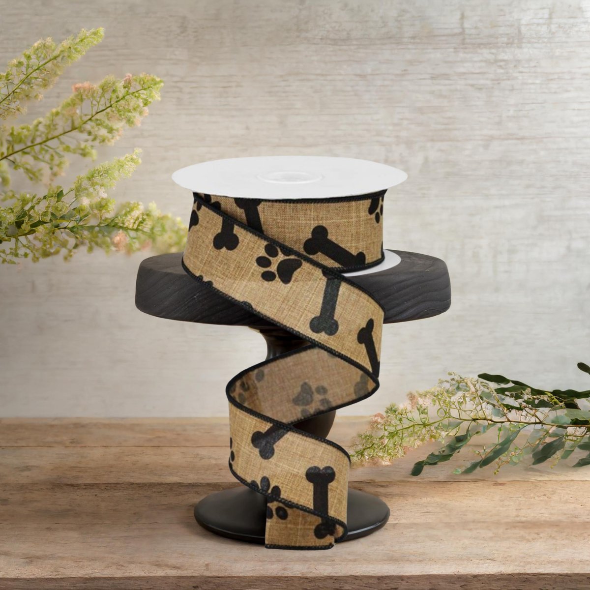 1.5&#x22; Paw Print Royal Ribbon: Tan &#x26; Black (10 Yards)