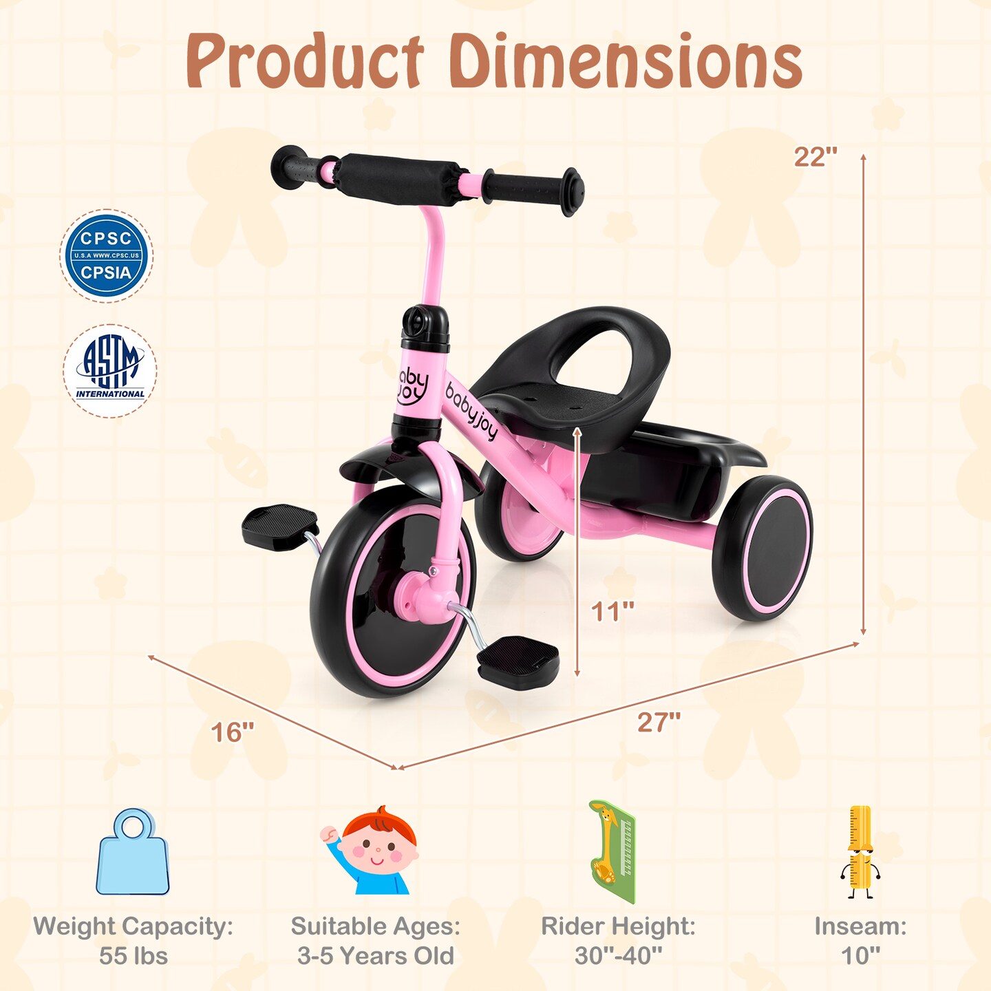 Metal Tricycle Kids Trike with Adjustable Seat and Storage Basket for Ages 3-5 Years