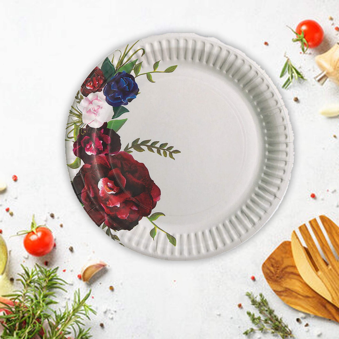 8 Ct. Navy &#x26; Red Floral Paper Dessert Plates Elegant Wedding &#x26; Shower Tableware 7&#x22;