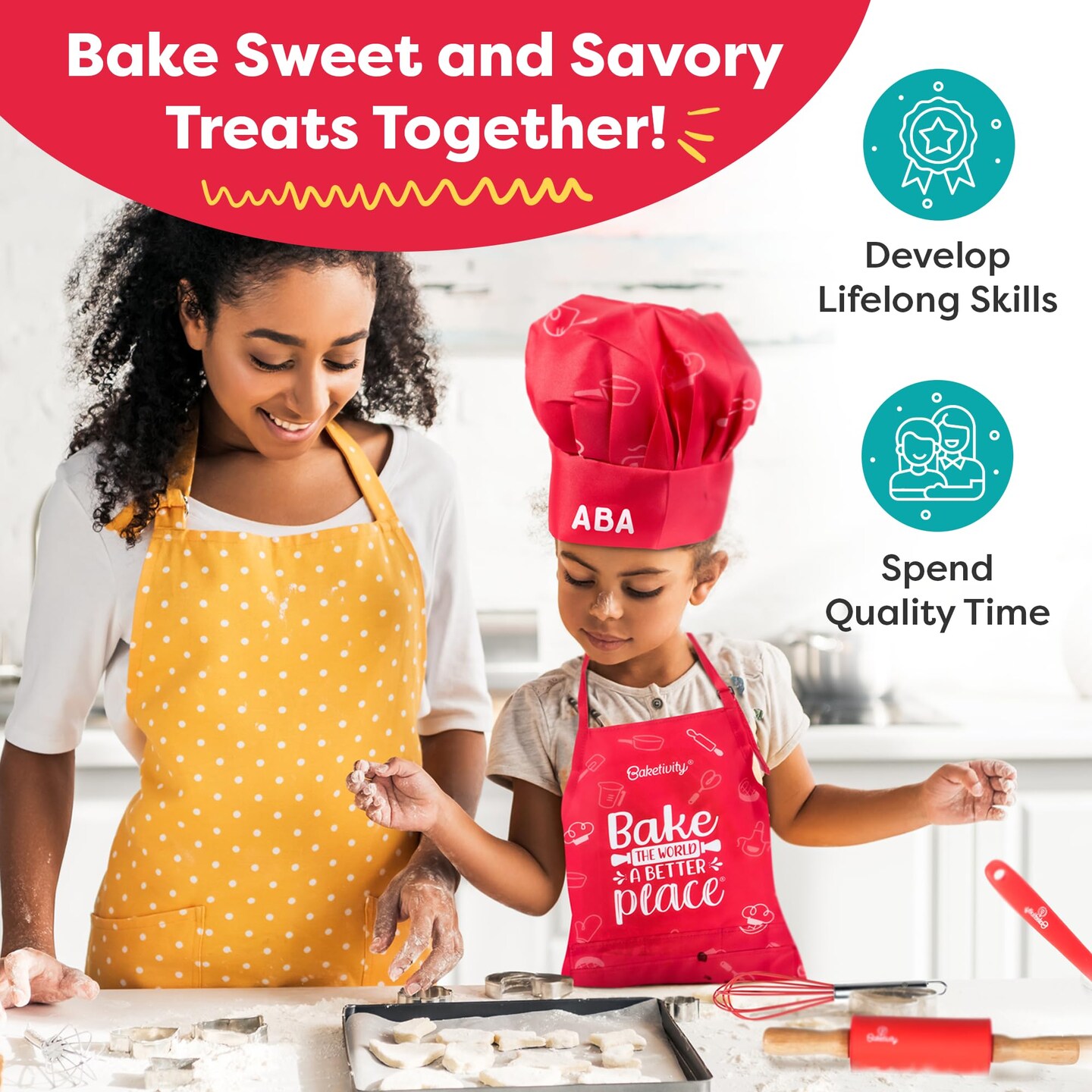 Baketivity Kids Chef Hat and Apron Set for Boys &#x26; Girls - One Size Fits All (Adjustable) - Premium, Washable Kids Apron and Chef Hat Set for Cooking - Young Chefs &#x26; Junior Bakers Chef Outfit for Kids