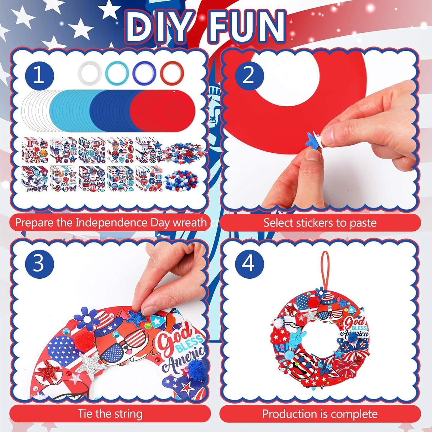 48-Set DIY 4th of July Wreath Craft Kit – Patriotic Red, White & Blue Paper Wreaths with Stickers for Independence Day, Memorial Day & Party Activities