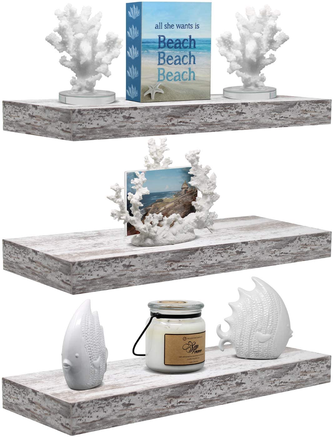 3 Pack 16 Inch Sorbus Coastal Rectangle Floating Shelves Rustic Design - for Home Decor to Display Trophies, Books, Frames, and more