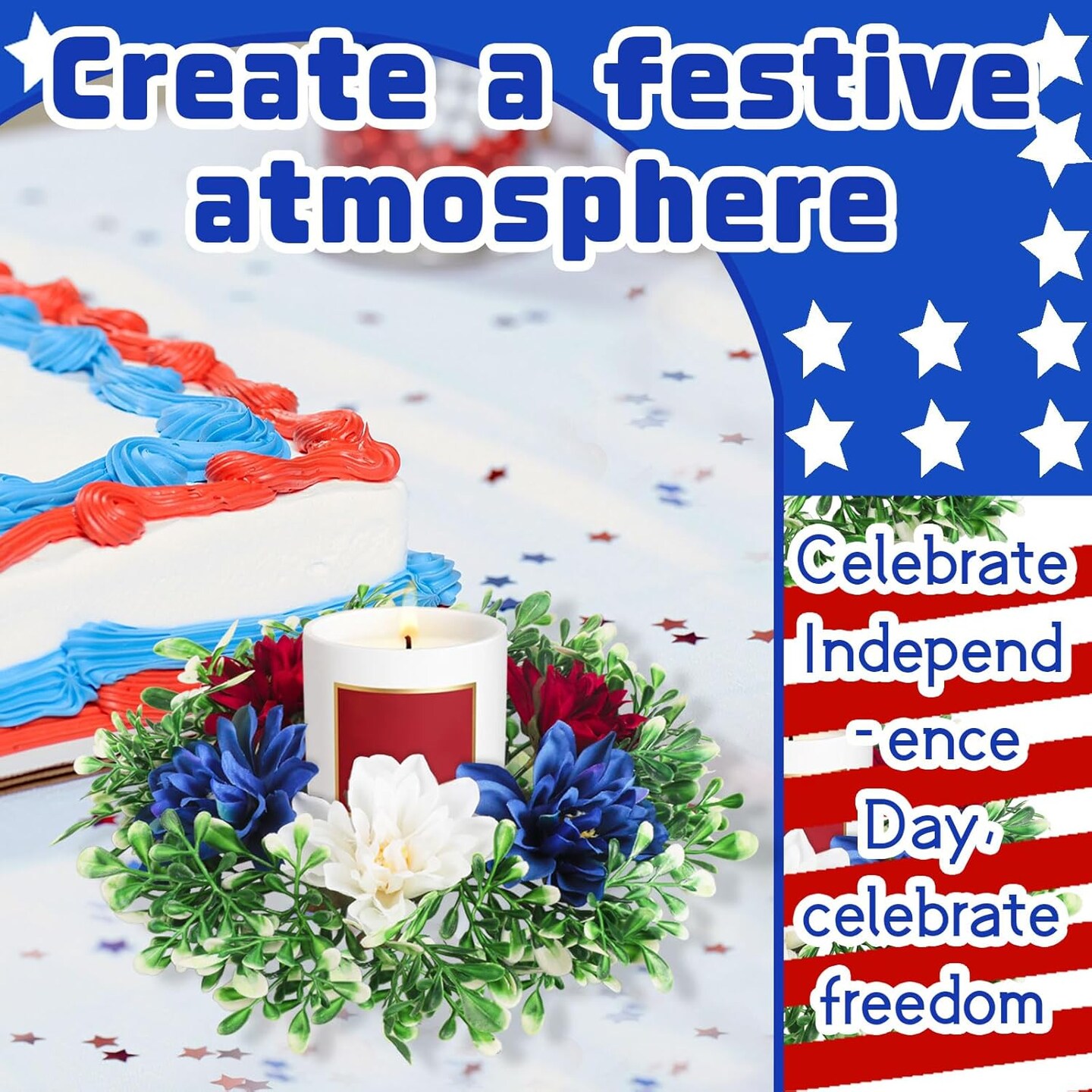 4 Pcs Patriotic Candle Rings Independence Day Artificial Flower Wreath Red Blue White Candle Holder