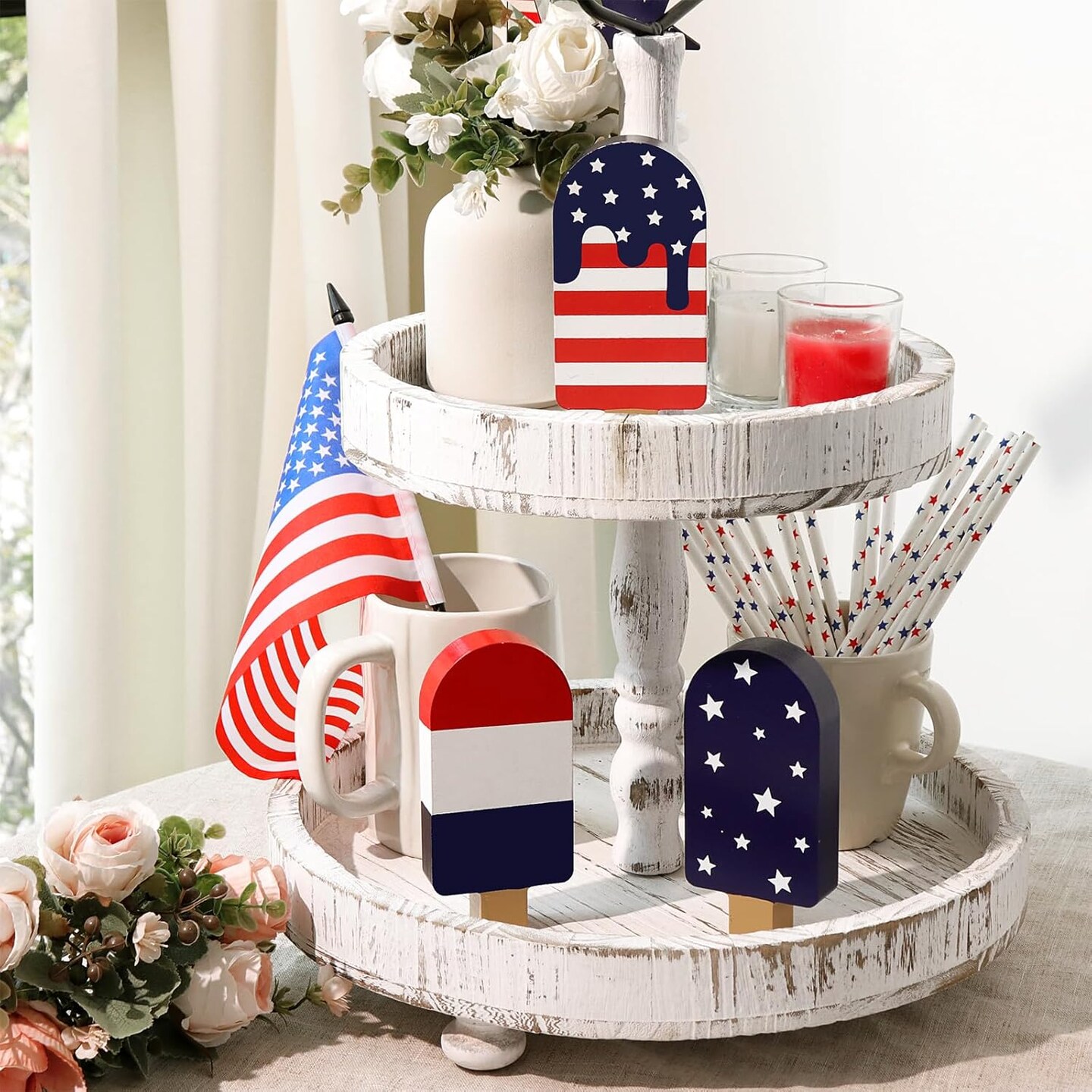 4PCS 4th of July Tiered Tray Decor Set – Patriotic Wooden Popsicle Signs with Rustic Red White Blue American Flag Design for Independence Day, Memorial Day, Veterans Day & Farmhouse Table Decorations