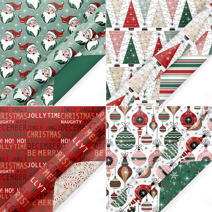 LaRibbons 30" x 10' Wrapping Paper Bundle (4-pack) | Retro Santa Cheer