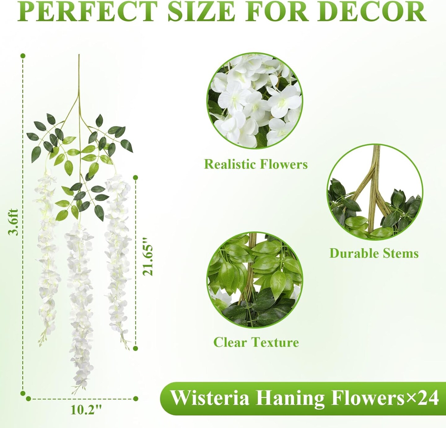 Wisteria Hanging Flowers 24 Pack Fake Flower Garland Artificial Wisteria Vines Decorations,White