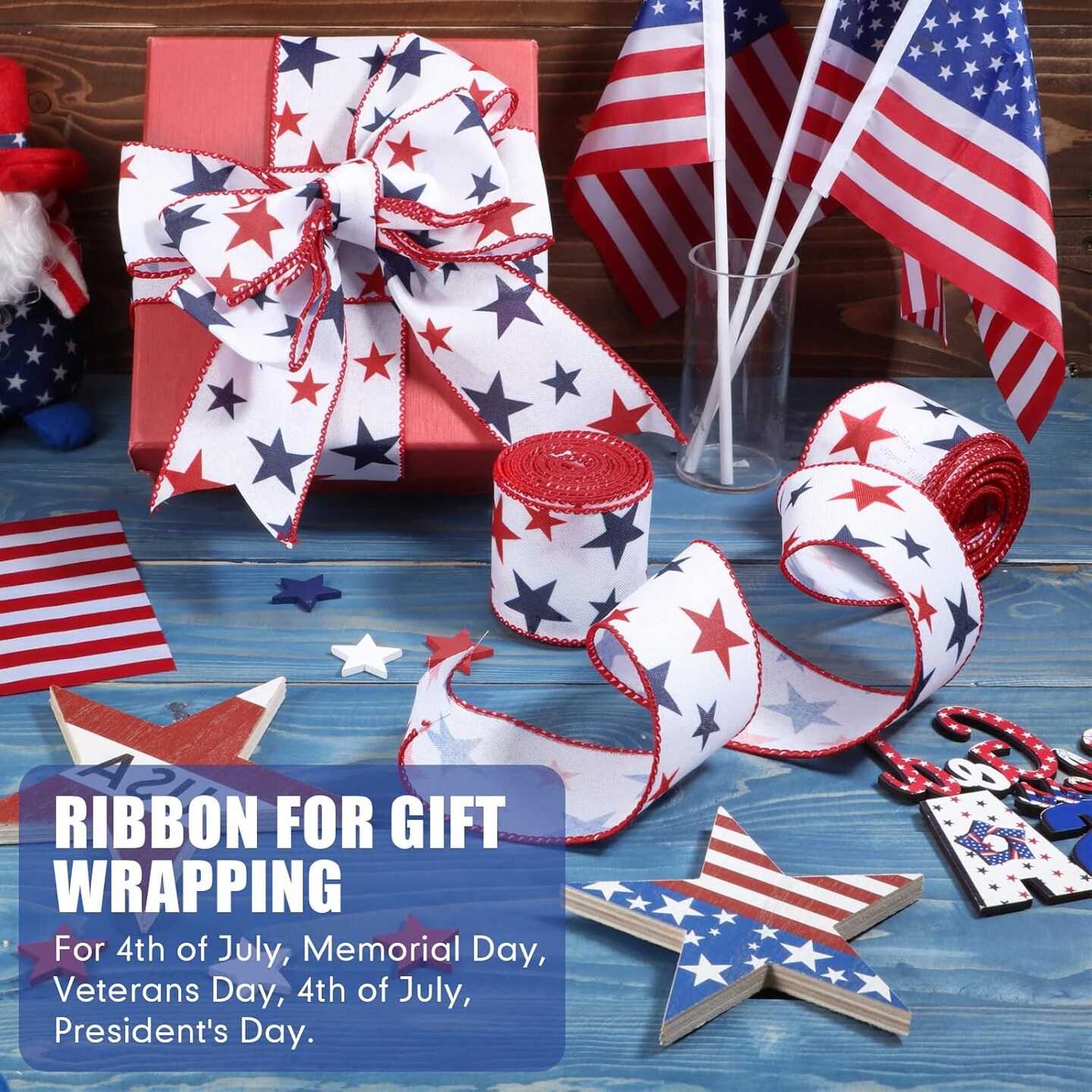 2 Rolls Patriotic Ribbon 4th of July Ribbon Red White Blue Independence Day Flag Decorations 2. 5 Inch