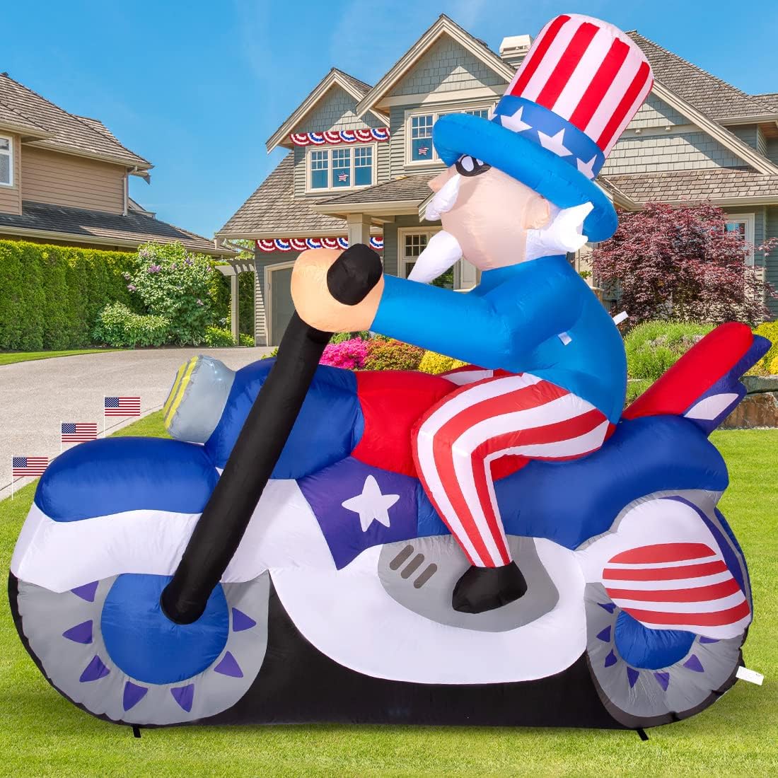 GOOSH 6.4FT Long 4th of July Patriotic Inflatable Uncle Sam on Motorcycle Independence Day Yard Decorations Built-in LEDs