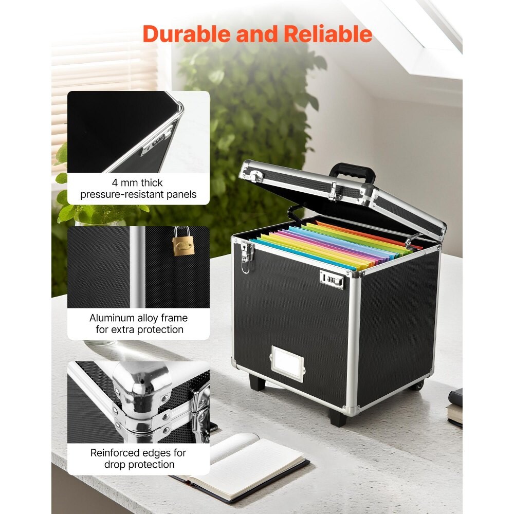 Black Rolling File Storage Box with Dual Lock and Aluminum Frame for Home or Office