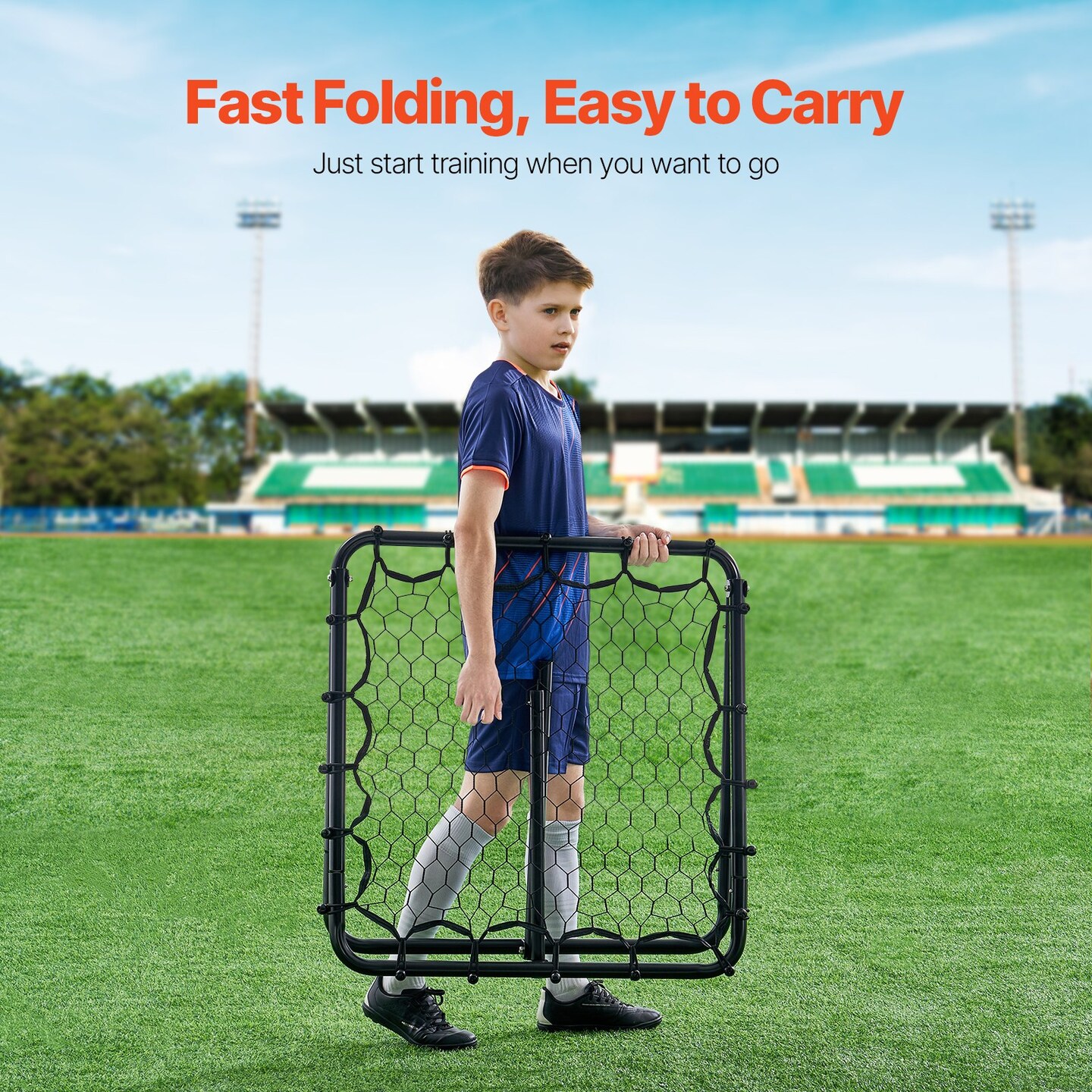 Black Portable Foldable Soccer Practice Net with Thick Iron Tube Frame and Adjustable Return Angle