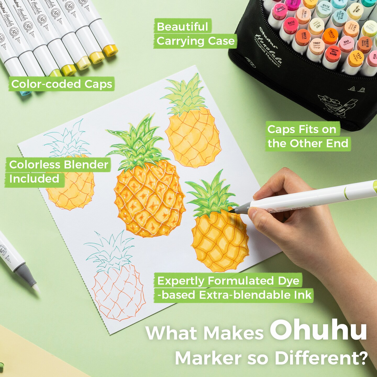 Ohuhu Alcohol Markers Brush Tip - Double Tipped Art Marker Set for Artist Illustration - 72 Colors - Brush & Chisel/ Brush & Fine Dual Tips - Honolulu/ Honolulu B - Refillable