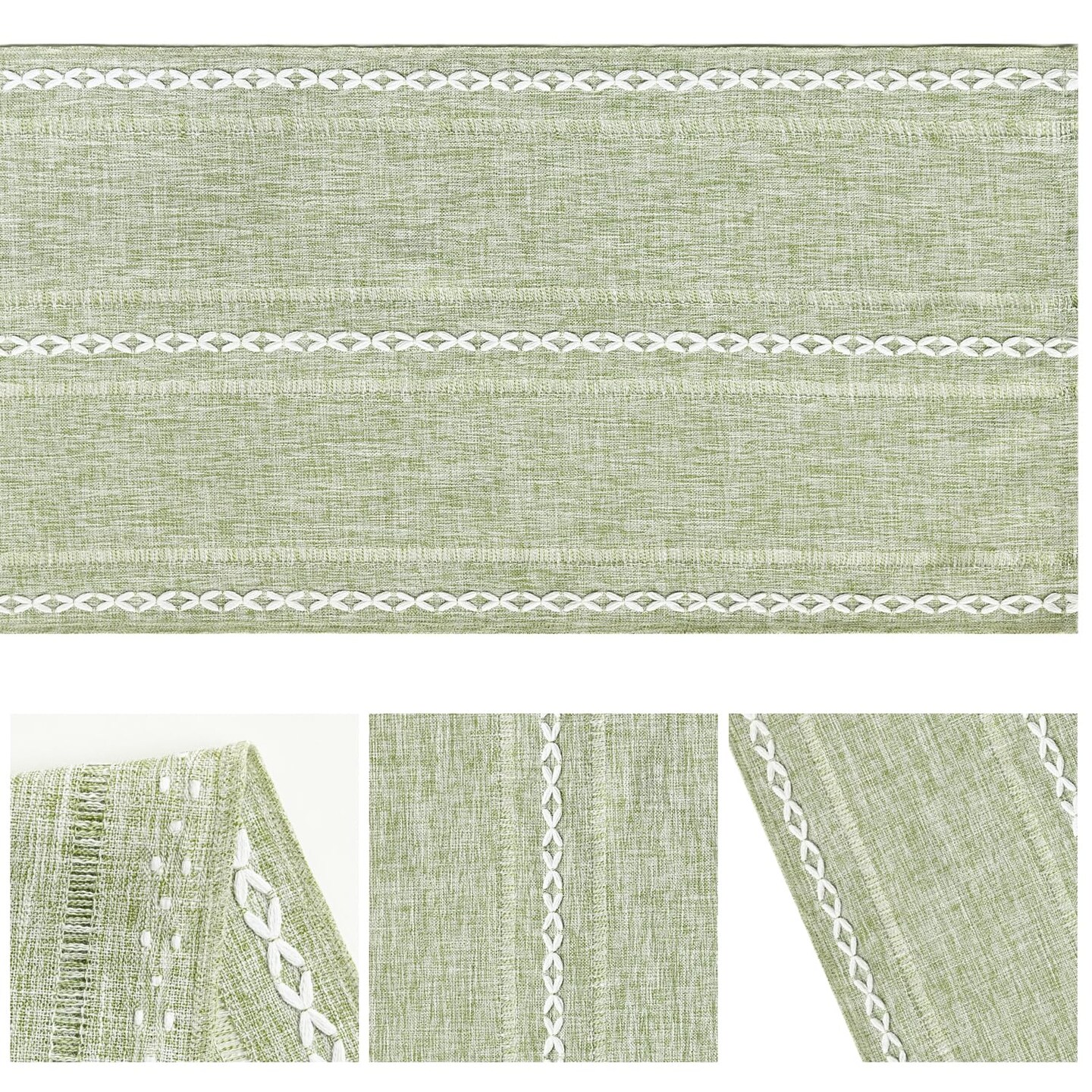 Sage Green Rustic Cotton Linen Table Runner, Seasonal Embroidered Hollow Kitchen Dining Table Decoration for Home Party Decor 13x72 Inch