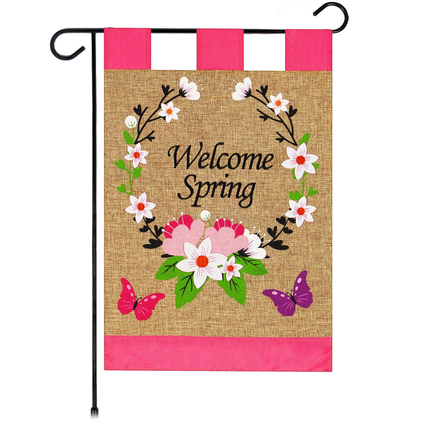 G128 Garden Flag Spring Decoration Welcome Spring Flower Wreath and Butterflies 12"x18" Burlap Fabric