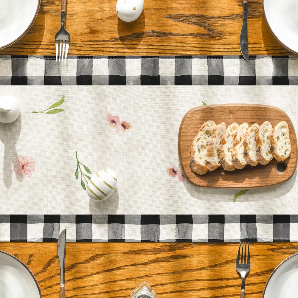 Buffalo Plaid Bunny Ear Foot Flower Easter Table Runner, Seasonal Spring Kitchen Dining Table Decoration for Home Party Decor 13x72 Inch
