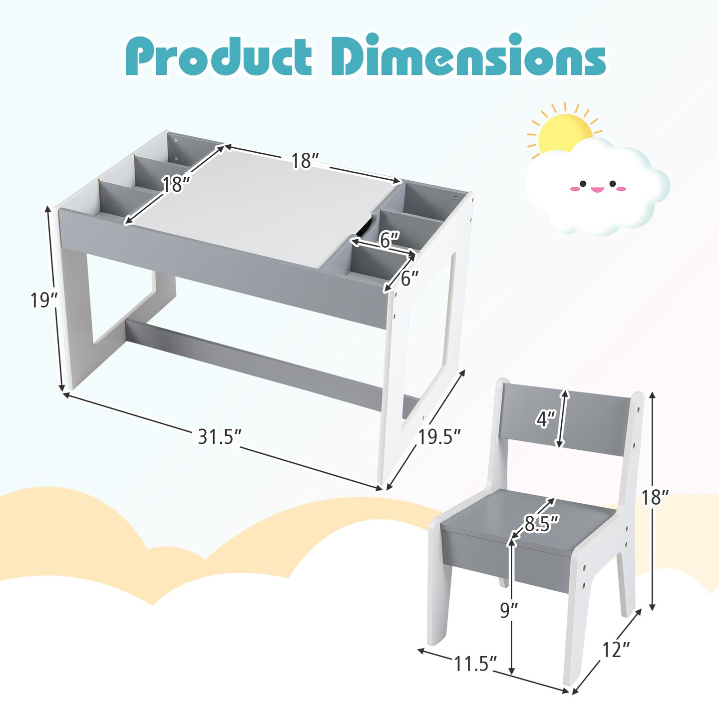 MDF Kids Table and Chairs Set Grey White Storage Compartments 3+ Years
