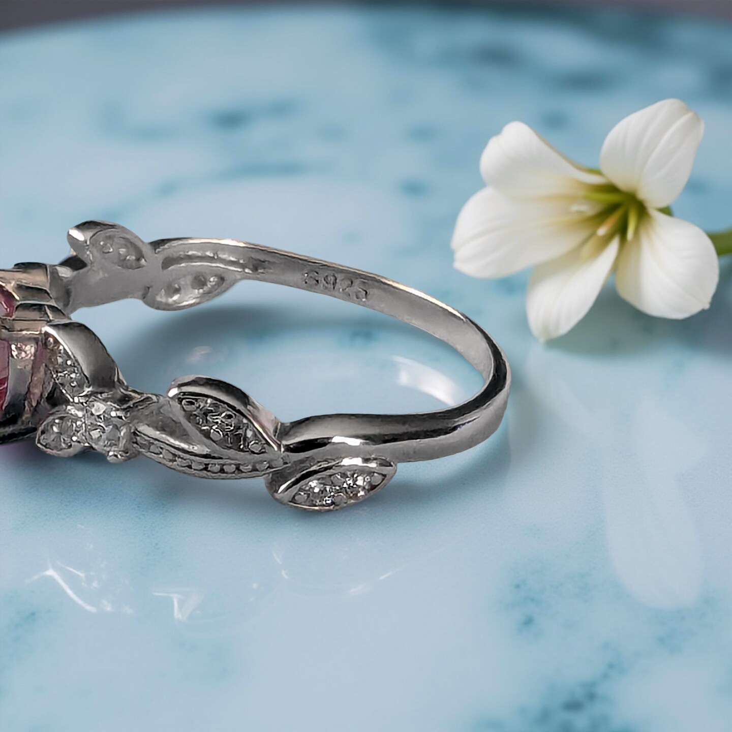 Pink Moissanite Heart Engagement Ring, Nature Inspired Sterling