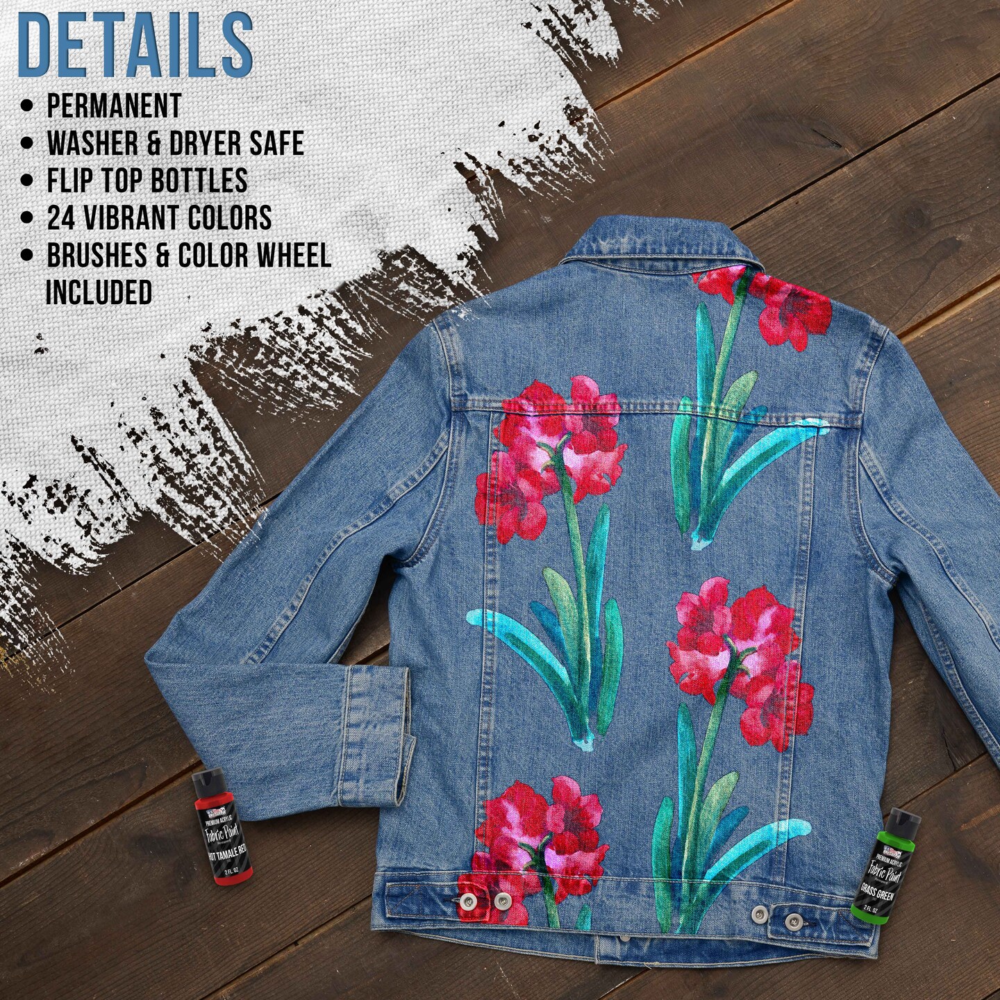 24 Color Permanent Acrylic Fabric Paint Set, 2oz, with 7 Brushes - Textile Paints for Clothes, Denim, Canvas, Upholstery & Furniture - Permanent Fabric Paints