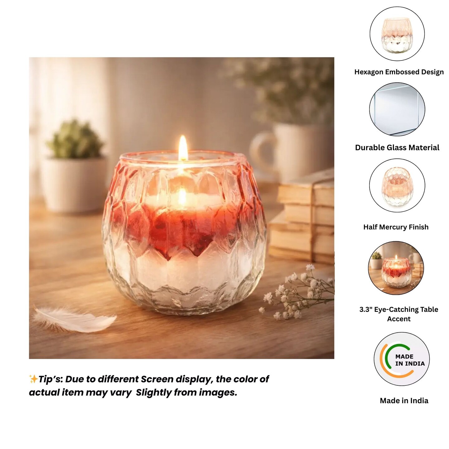 Honeycomb Ruby Lustre Glass Votive Candle Holder – Elegant Candle Stand for Warm Ambiance - 3.5 X 3.5 X 3.2"