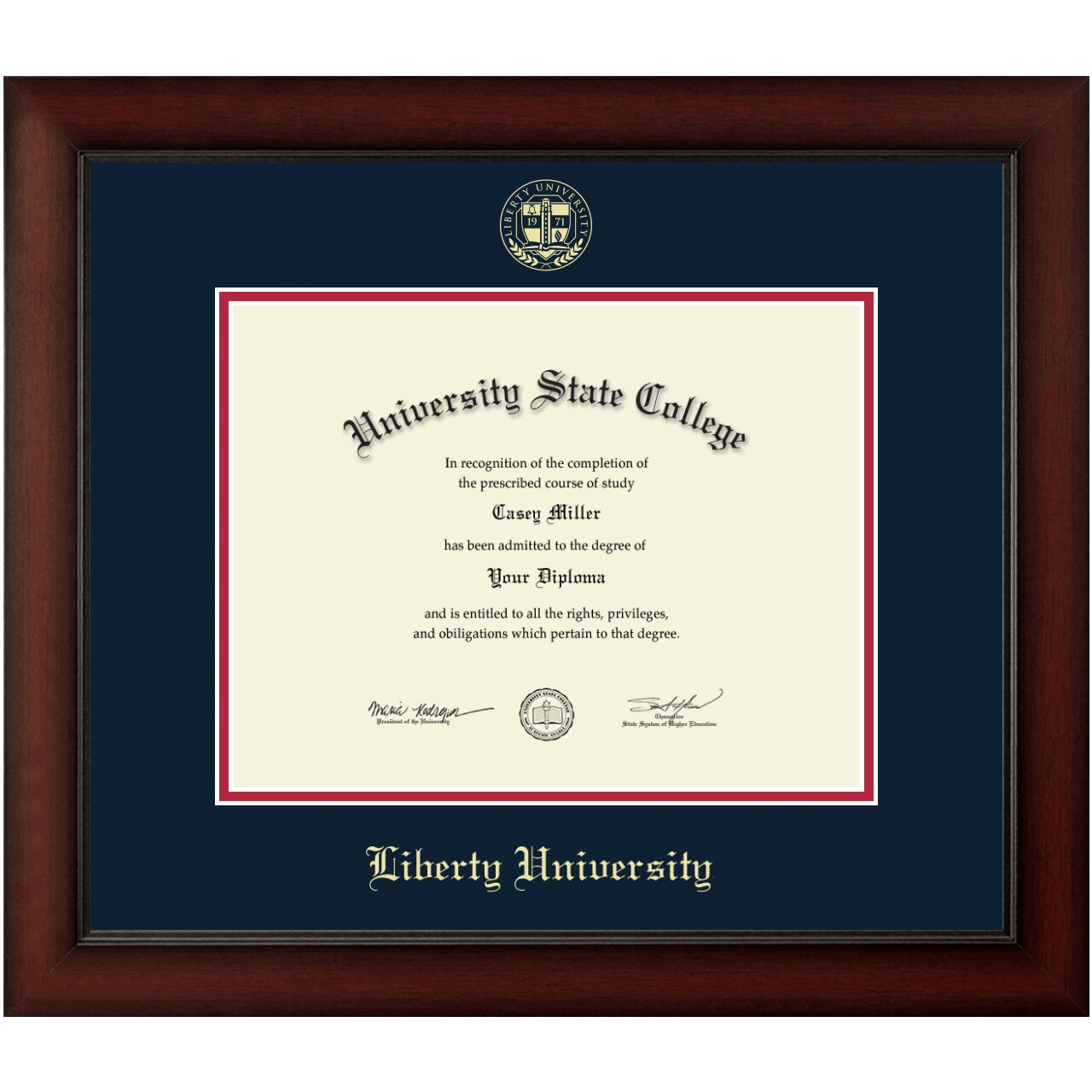 Framerly - Liberty University 11"w x 8.5"h Diploma Frame - Gold Embossed - Cherry Moulding with Navy and Red Matting
