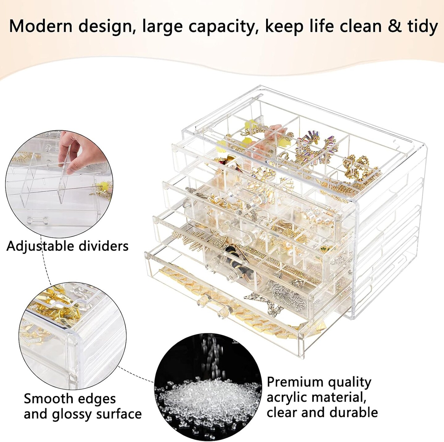 Acrylic Jewelry Box, 72 Grids Clear Jewelry Organizer with Adjustable Dividers, Large Capacity Earring Ring Gift Boxes