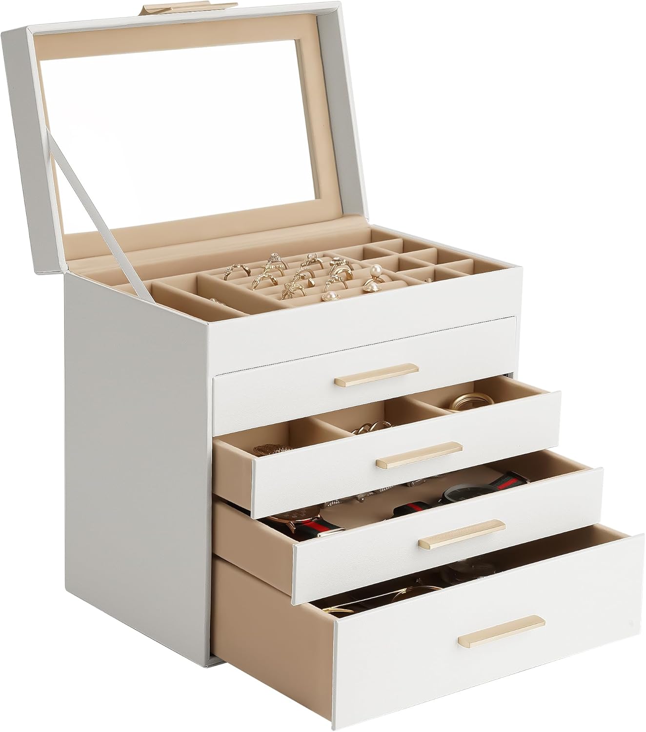 Jewelry Box, 5 Layers Jewelry Storage Display Box with Glass Lid for Women, 4 Drawers,Large Capacity for Necklace Earrings Bracelets Rings,White