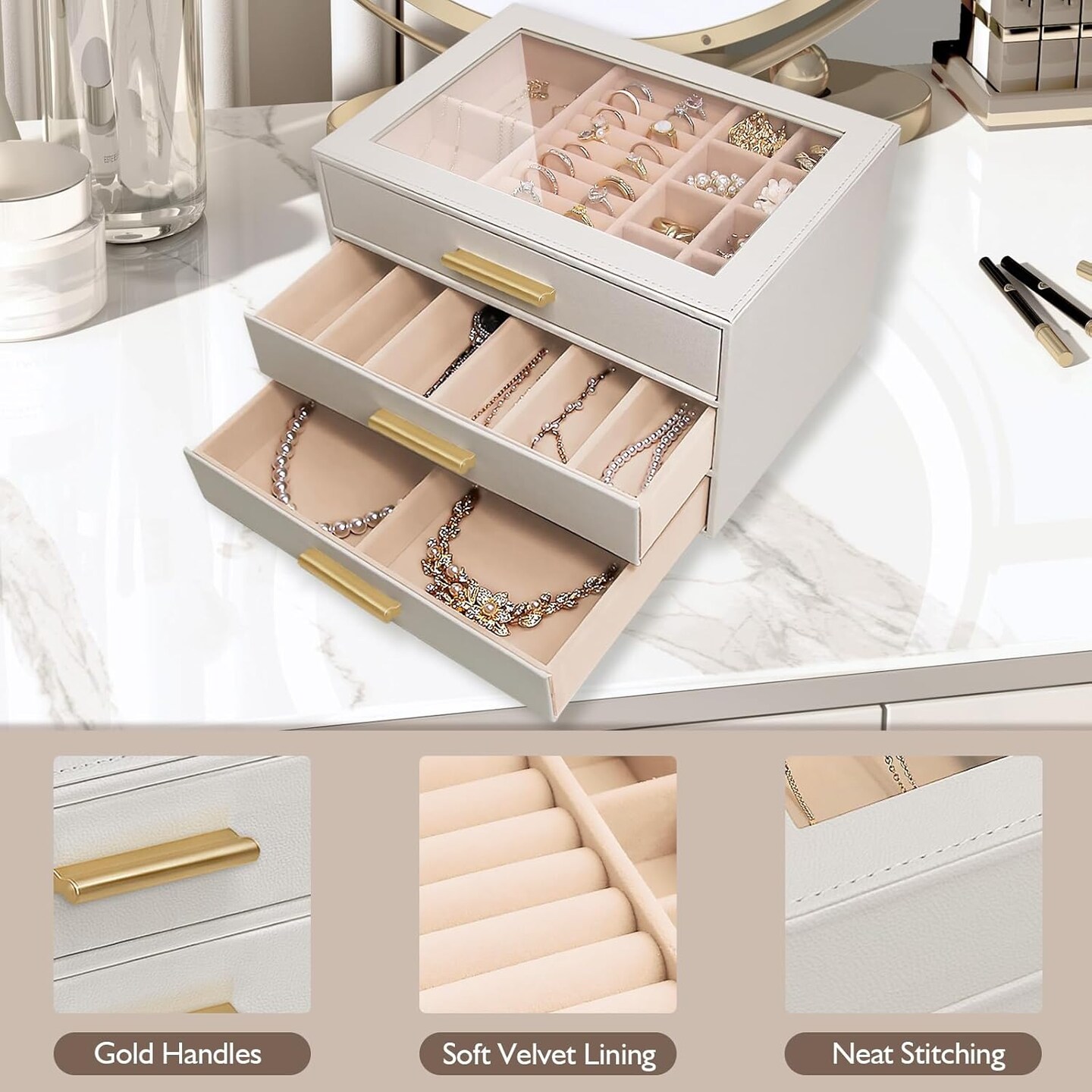 Jewelry Box for Women, Glass Lid Leather Jewelry Organizers and Storage with 3 Drawers, Large Capacity for Necklaces, Earrings, Rings, Bracelets, Modern Style (White)