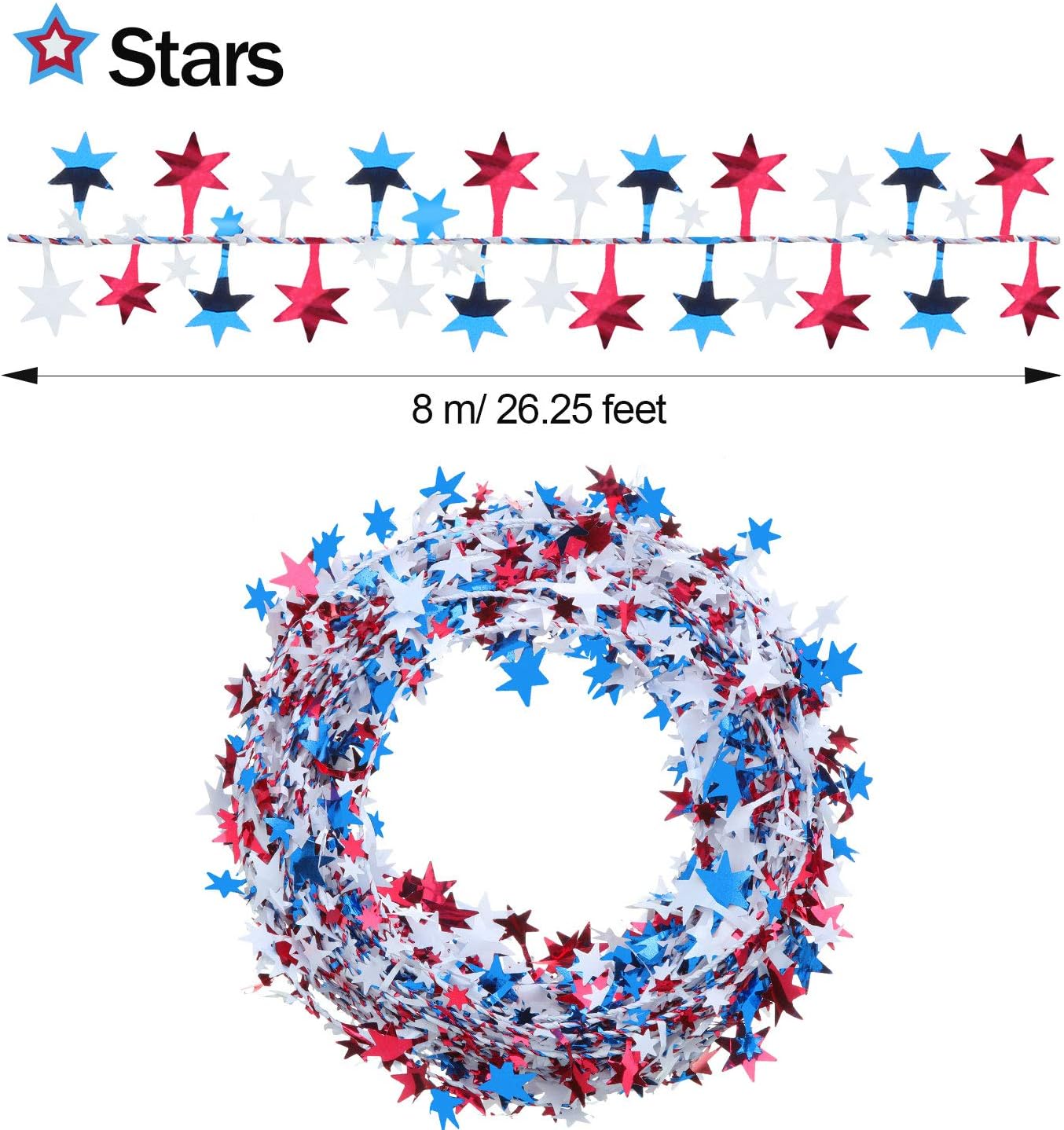 Patriotic 4th of July Independence Day Star Wire Tinsel Garland Decoration Red Blue White Hanging for Memorial Day Party Decoration Photo Backdrops Props (48 M/ 157.5 Feet)