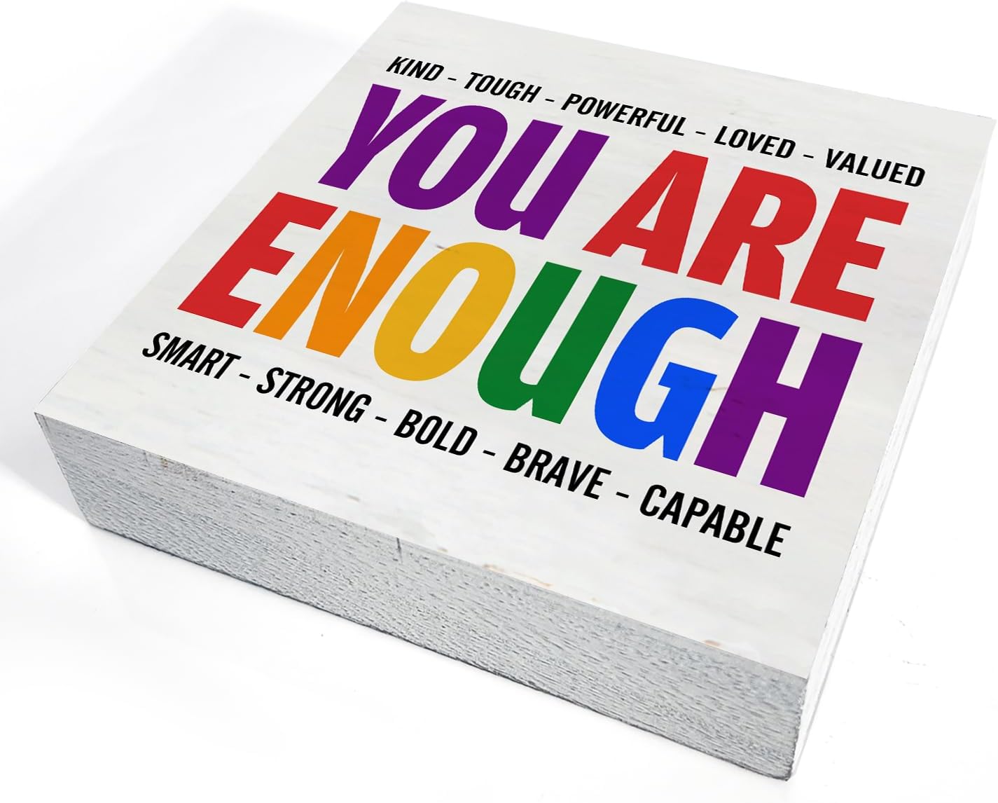 You Are Kind Tough Powerful Enough Wooden Box Sign Desk Decor LGBT Quotes Wood Block Plaque Box Signs Pride Box Sign for Home Shelf Table Decoration (5 X 5 Inch)