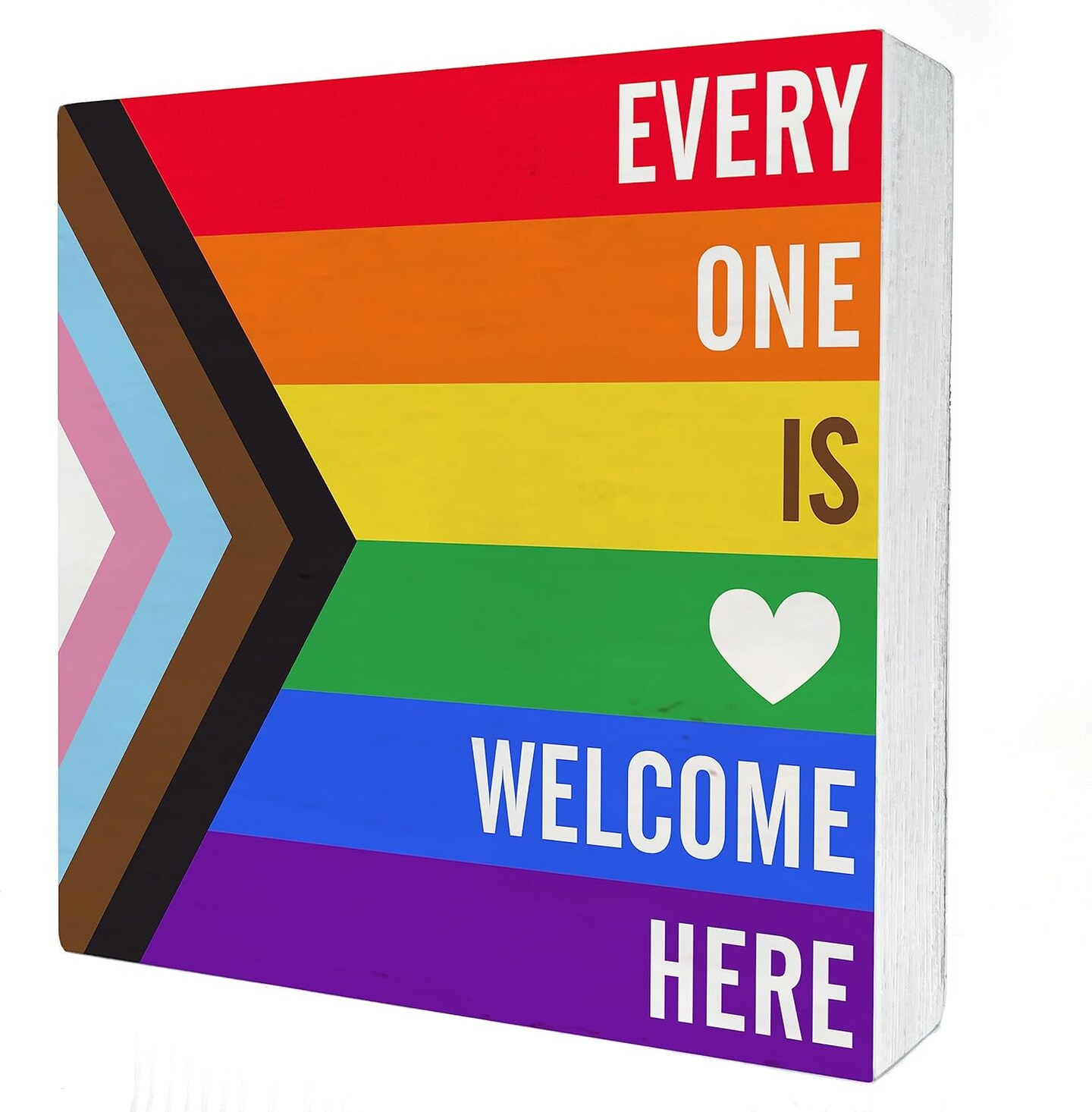Rainbow Everyone is Welcome Here Wooden Box Sign Desk Decor LGBTQ Gay Pride Flag Wood Block Plaque Box Signs Gift for Home School Shelf Table Decoration (5 X 5 Inch)