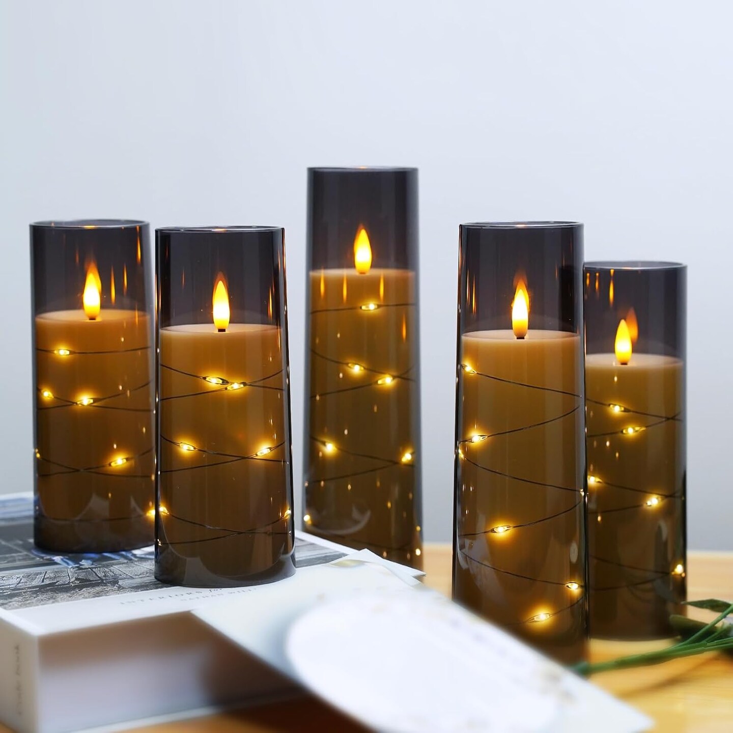 Flameless LED Candles with Timer 5 Pc Flickering Flameless Candles for Romantic Ambiance and Home Decoration Stable Acrylic Shell,with Embedded Star String&#xFF0C;Battery Operated Candles&#xFF08;Grey&#xFF09;