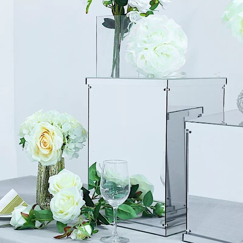 5 Silver Mirror Pedestal Risers Display Boxes Centerpiece