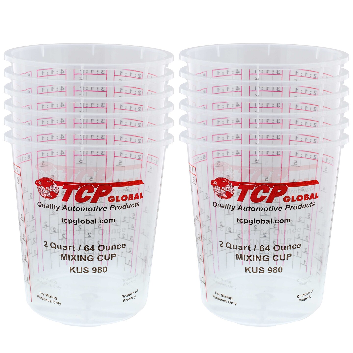 Paint Mixing Cups Plastic Measuring Cup Epoxy Resin, Disposable or Reusable, 64-Ounce (2 Quarts) - Pack of 12 - Graduated, Mixing Ratios, Automotive Painting Acrylic Art Crafts