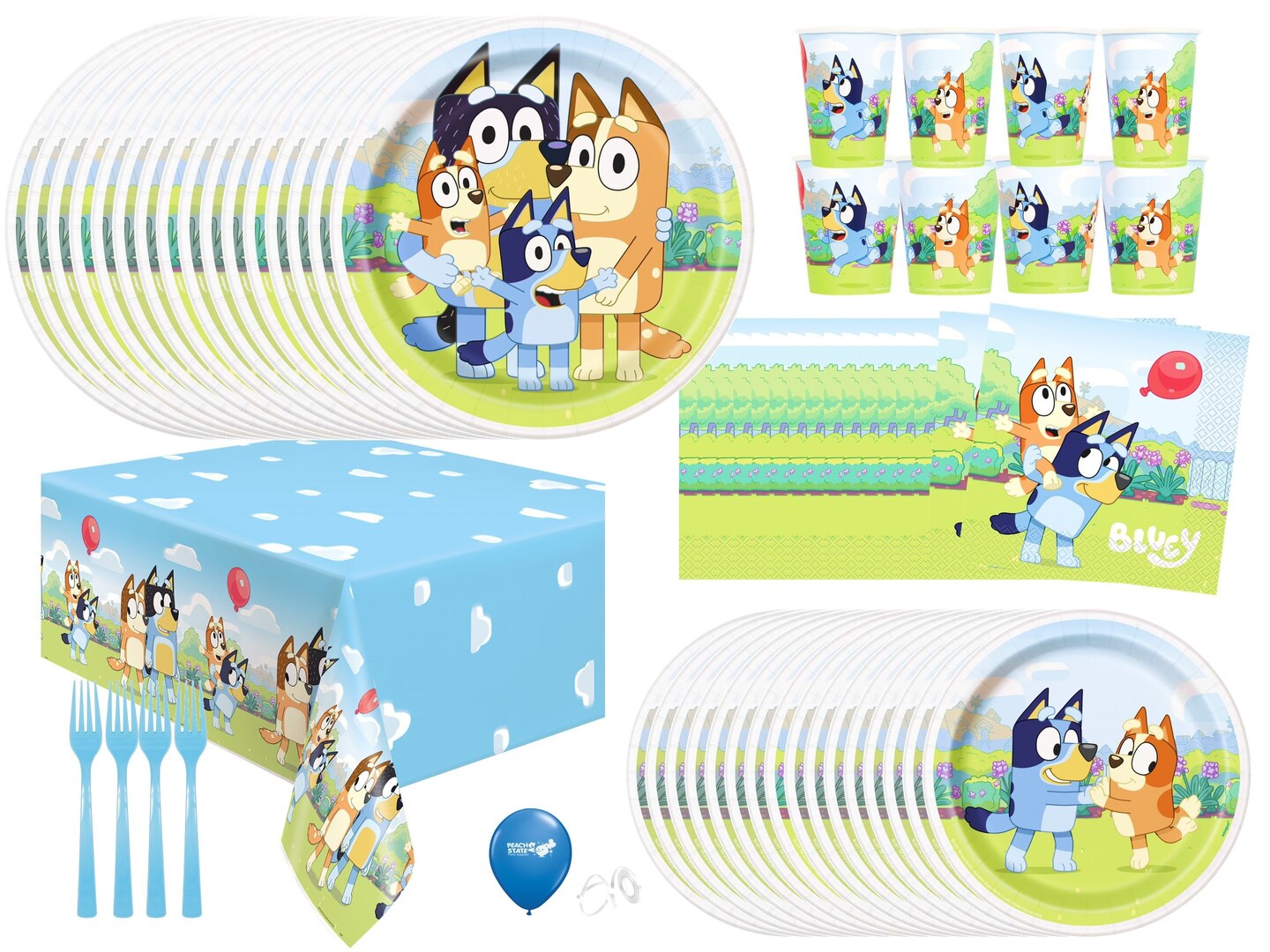 Bluey Birthday Party Supplies Bundle with Bluey Dinner Plates &#x26; Cake Plates, Bluey Napkins, Bluey Table Cover, Bluey Cups, and Forks - Serves 16