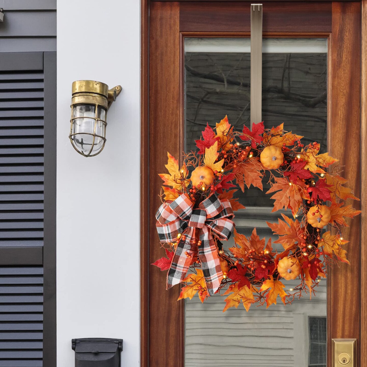 Haute Decor Lighted Wreath with Auto Timer 24 Inch Halloween Pumpkin Plaid Harvest Wreath - Natural Grapevine with 30 Warm White LED Lights - Fall Front Door Decor