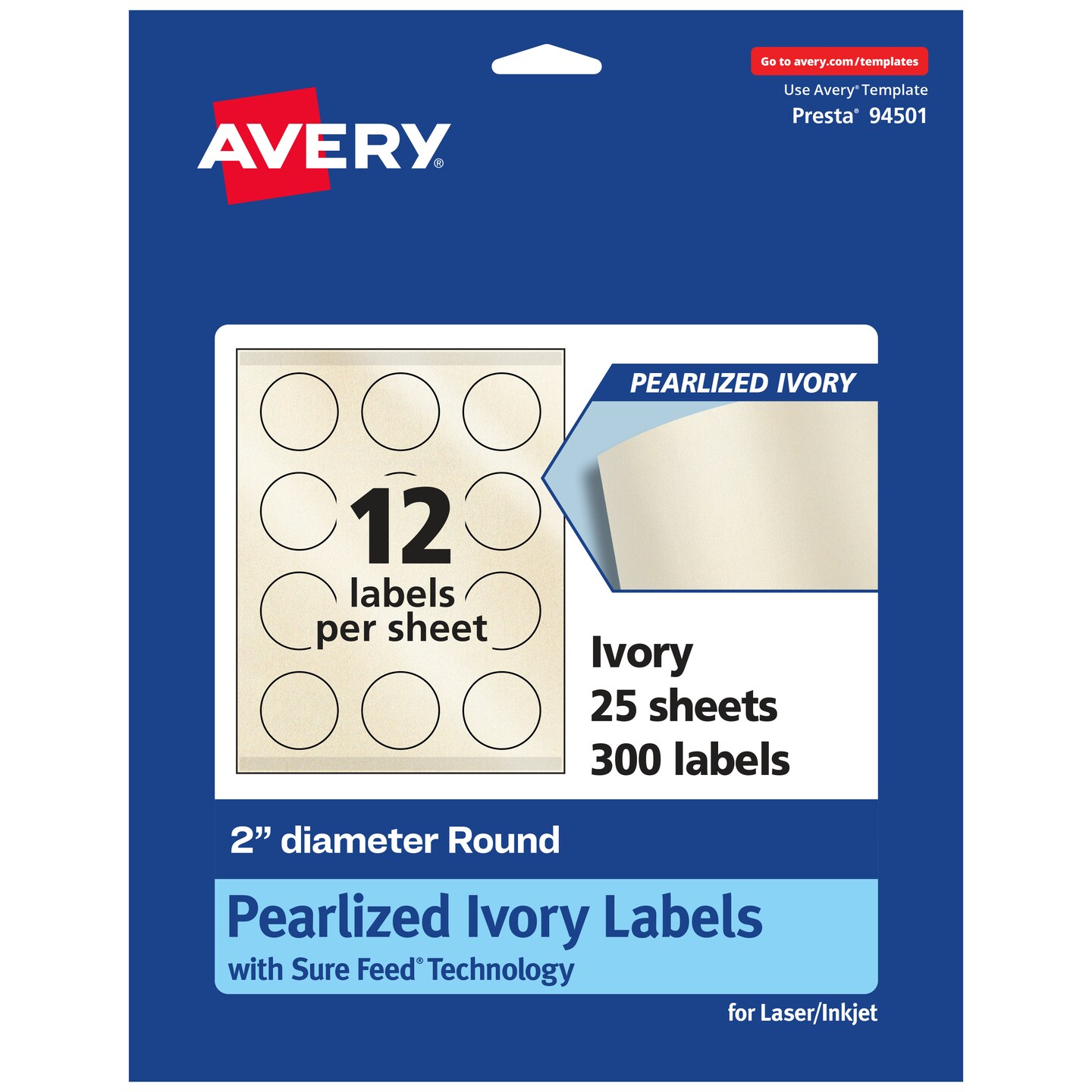 Avery Pearlized Ivory Round Labels with Sure Feed Technology, Print-to-the-Edge, 2&#x22; diameter
