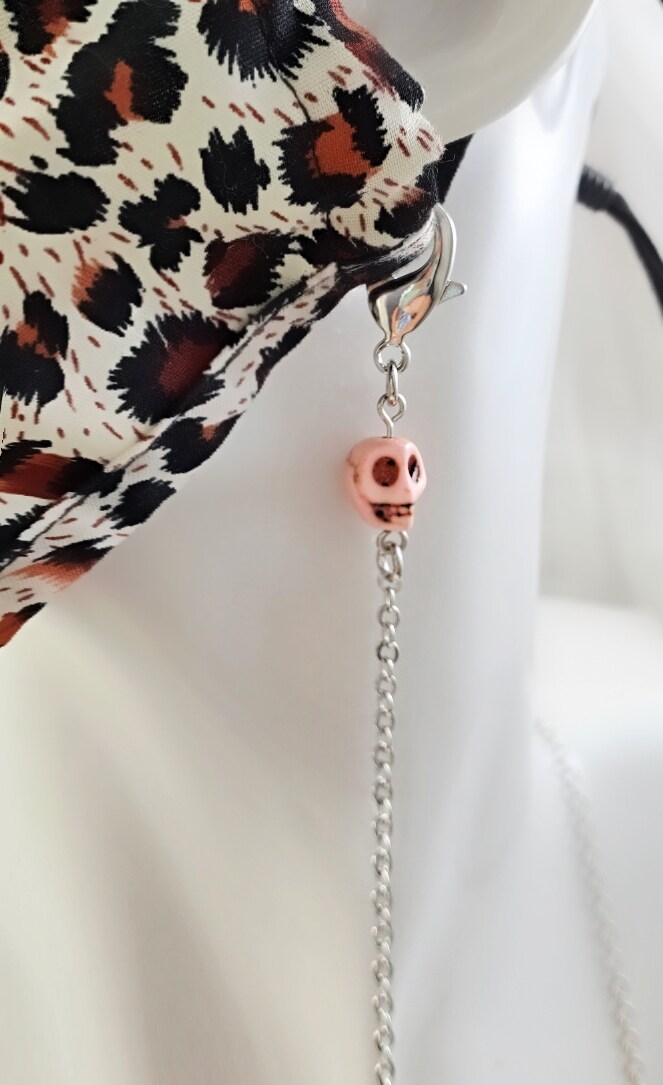 Pink Skull Eyeglass Holder Necklace or FACE MASK CHAIN, Reading Glasses Keeper, White Skull Day of the Dead or Halloween Gift for Her N5711A product 4
