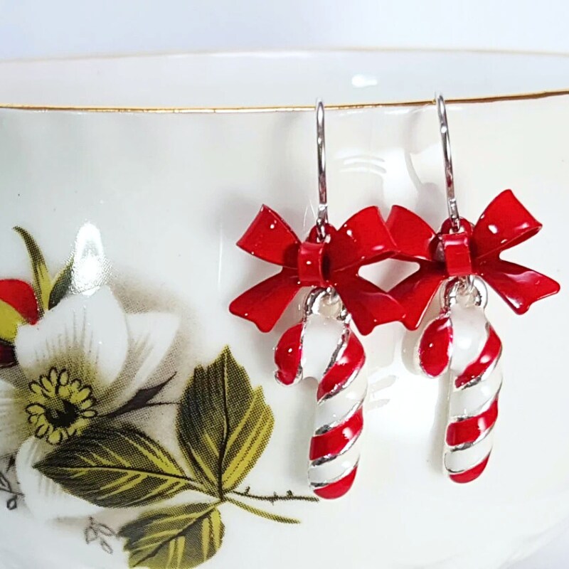 CANDY CANE EARRINGS Silver Red Bow Enameled Jewelry Gifts for Her, Christmas Peppermint Striped Charm, Holiday Xmas Present for Wife E5302