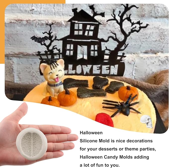 Halloween Silicone Mold Halloween Skull Fondant Molds Spider Bat Vampire Teeth Brain Finger Skeleton Head Molds For Cake Decorating Cupcake Topper Gum Paste Polymer Clay Set Of 6