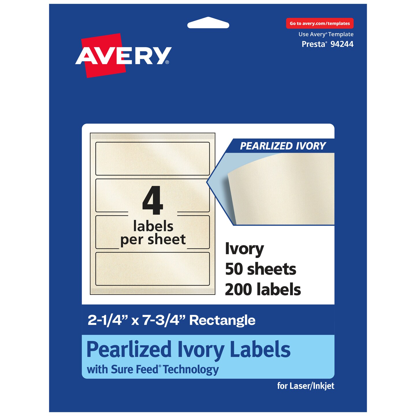 Avery Pearlized Ivory Rectangle Labels with Sure Feed Technology, Print-to-the-Edge, 2.25&#x22; x 7.75&#x22;