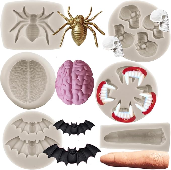 Halloween Silicone Mold Halloween Skull Fondant Molds Spider Bat Vampire Teeth Brain Finger Skeleton Head Molds For Cake Decorating Cupcake Topper Gum Paste Polymer Clay Set Of 6