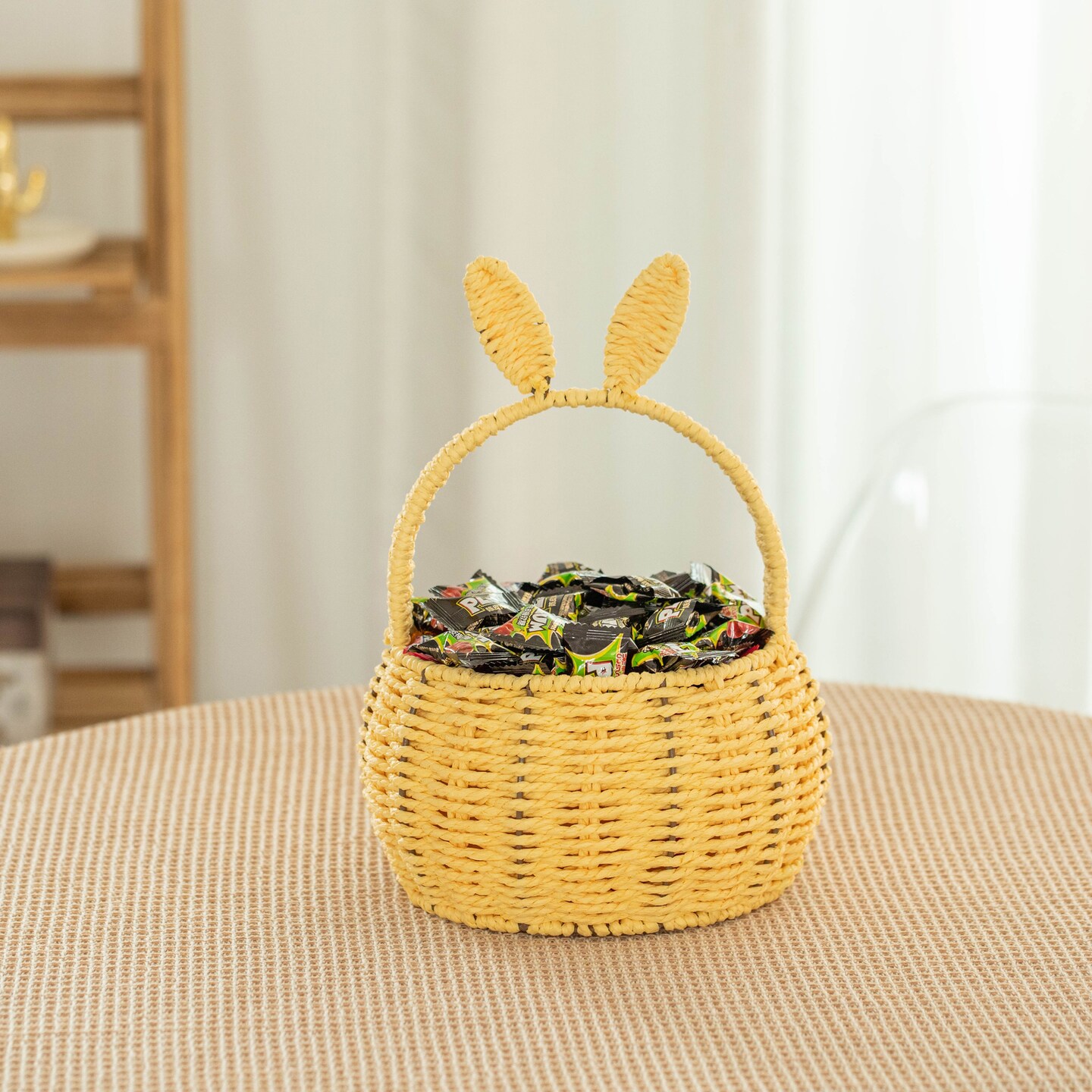 Wickerwise Hand-Woven Easter Bunny Ear Basket with Handle &#x2013; Multi-Purpose Paper Rope Wicker Basket for Easter Egg Hunts, Picnics, Flower Arrangements, Food Storage, Party, and Home Decor