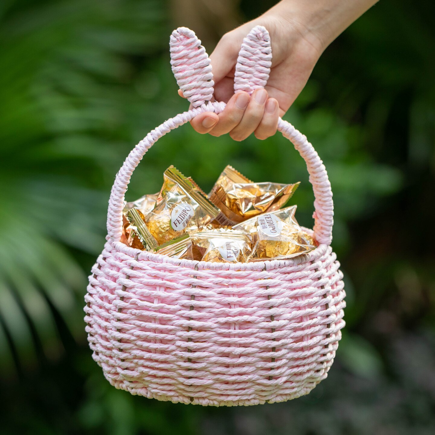 Wickerwise Hand-Woven Easter Bunny Ear Basket with Handle – Multi-Purpose Paper Rope Wicker Basket for Easter Egg Hunts, Picnics, Flower Arrangements, Food Storage, Party, and Home Decor