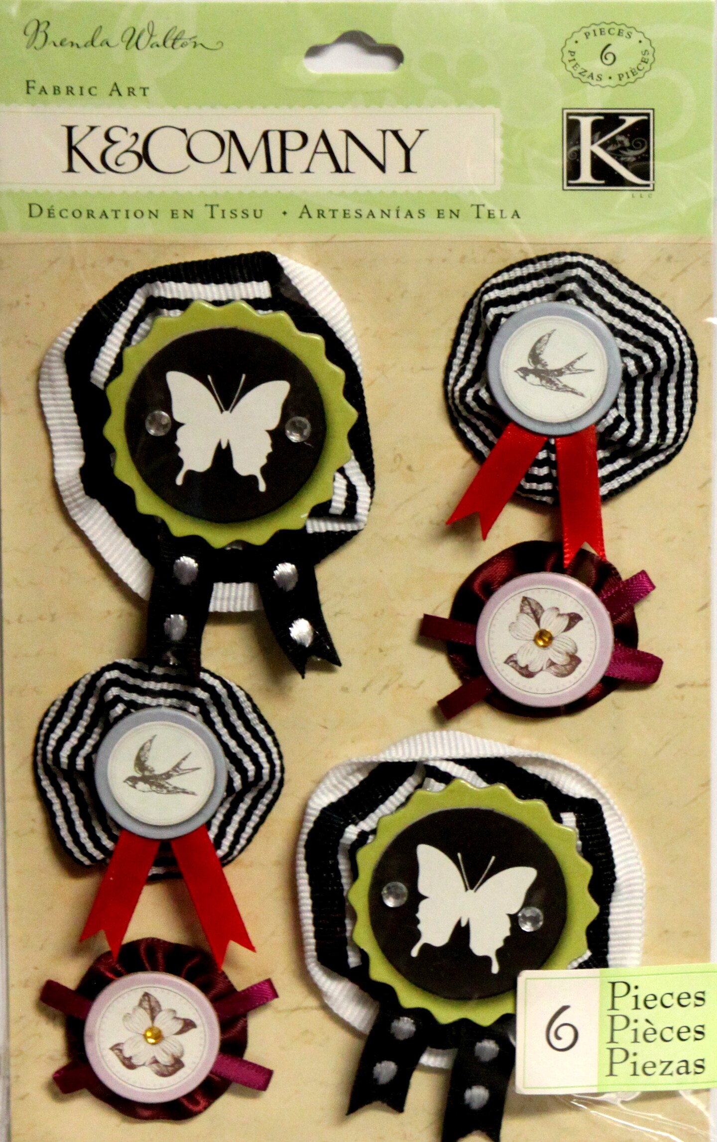 K &#x26; Company Brenda Walton Flora &#x26; Fauna Ribbon Rosettes Fabric Art Dimensional Stickers