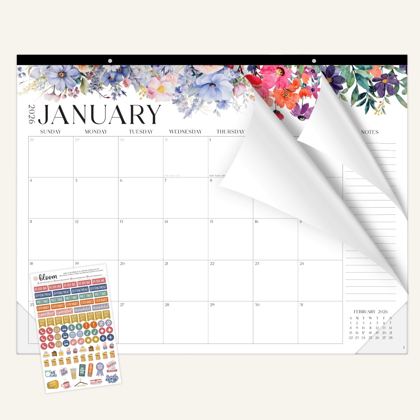 bloom daily planners 2026 Desk &#x26; Wall Calendar, 16&#x22; x 21&#x22;, Seasonal Florals